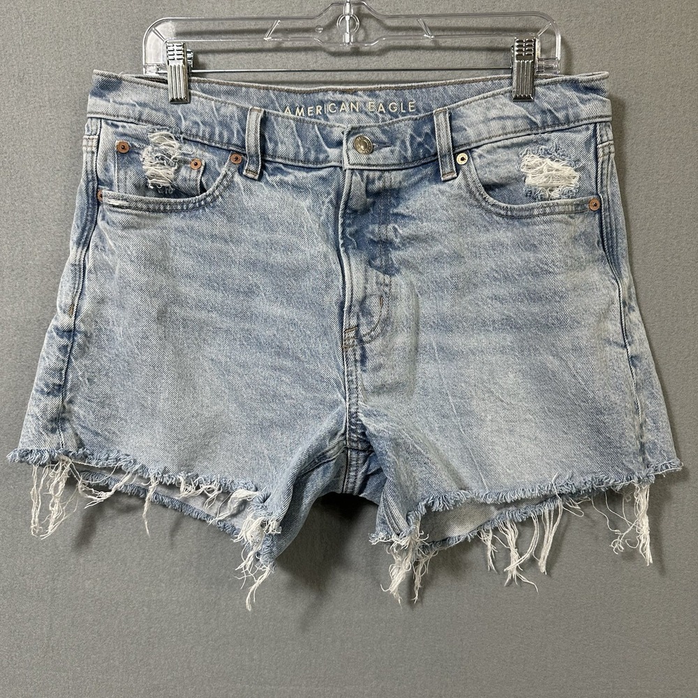 American Eagle Ex Boyfriend Denim Shorts Women's 8 Blue Distressed Stretch Read